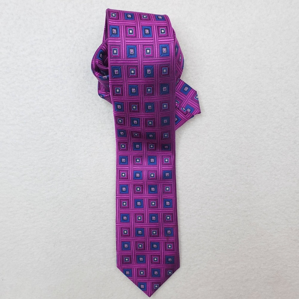 Hickey Freeman Tie Necktie Mens Purple Blue Silk Square Geometric Allover Print